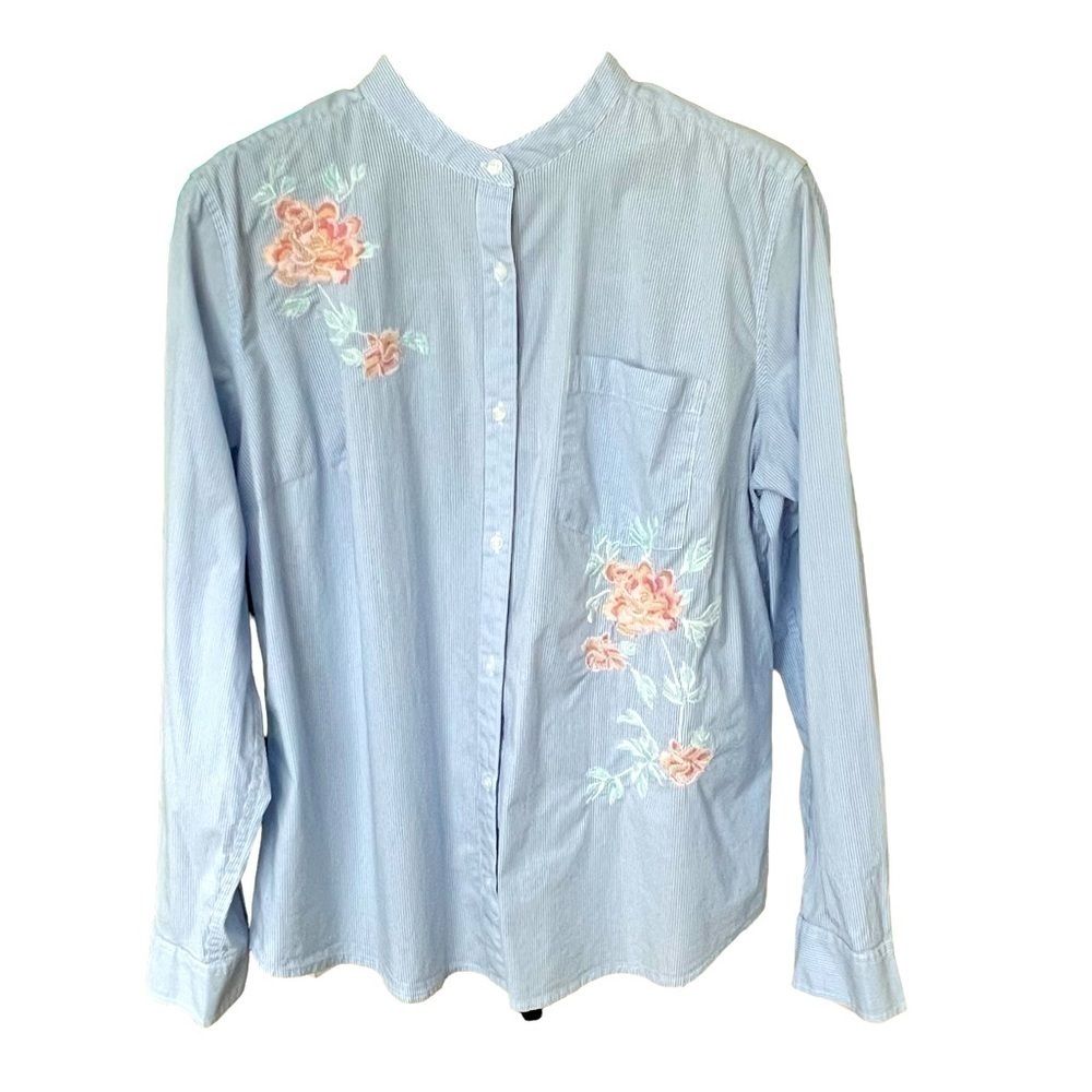St John's Bay Women’s Floral Embroidered Long Sleeve Blue Stripe Blouse Top XL